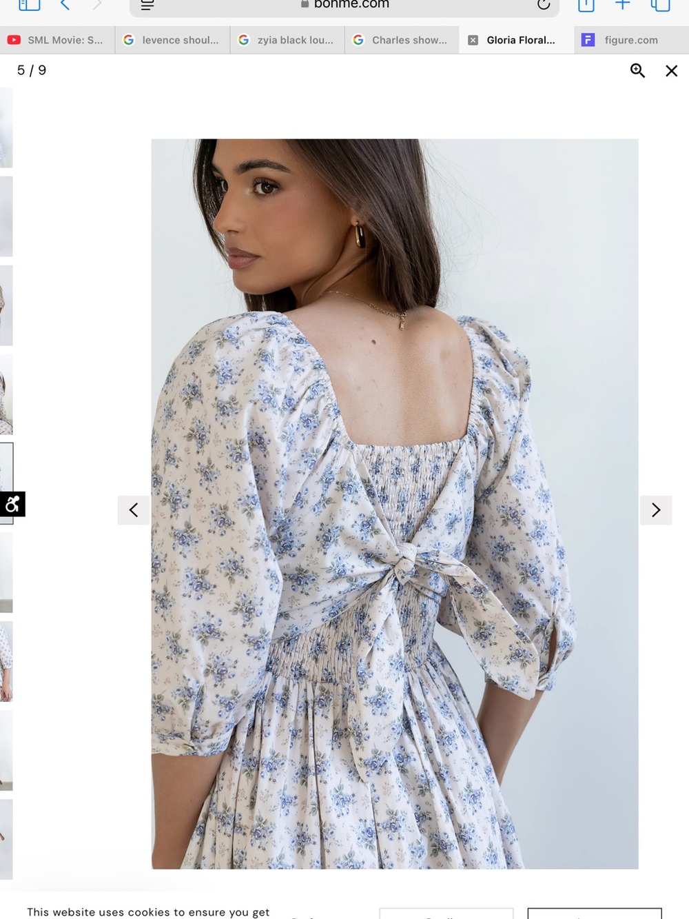 bohme Cream Midi Dress with Blue Floral Print and Blue Ribbon Ties L NWT - Picture 2 of 5